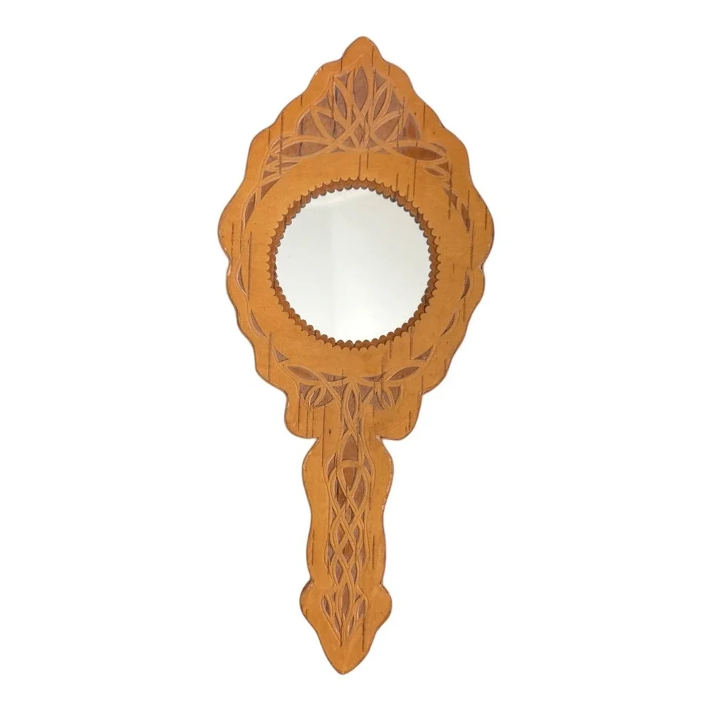 Vintage MCM Eastern European Hand Carved Birch Wood Hand Mirror 11.75